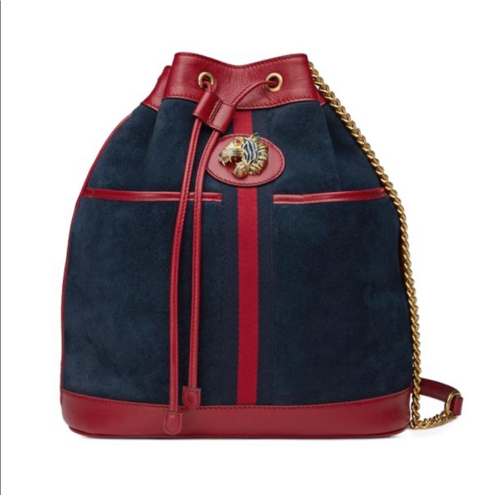 SOLD Gucci Rajah bucket bag medium dark blue suede